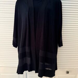 Chico's Deep Navy Travelers Cardigan set with sheer shadow Stripes at hem.